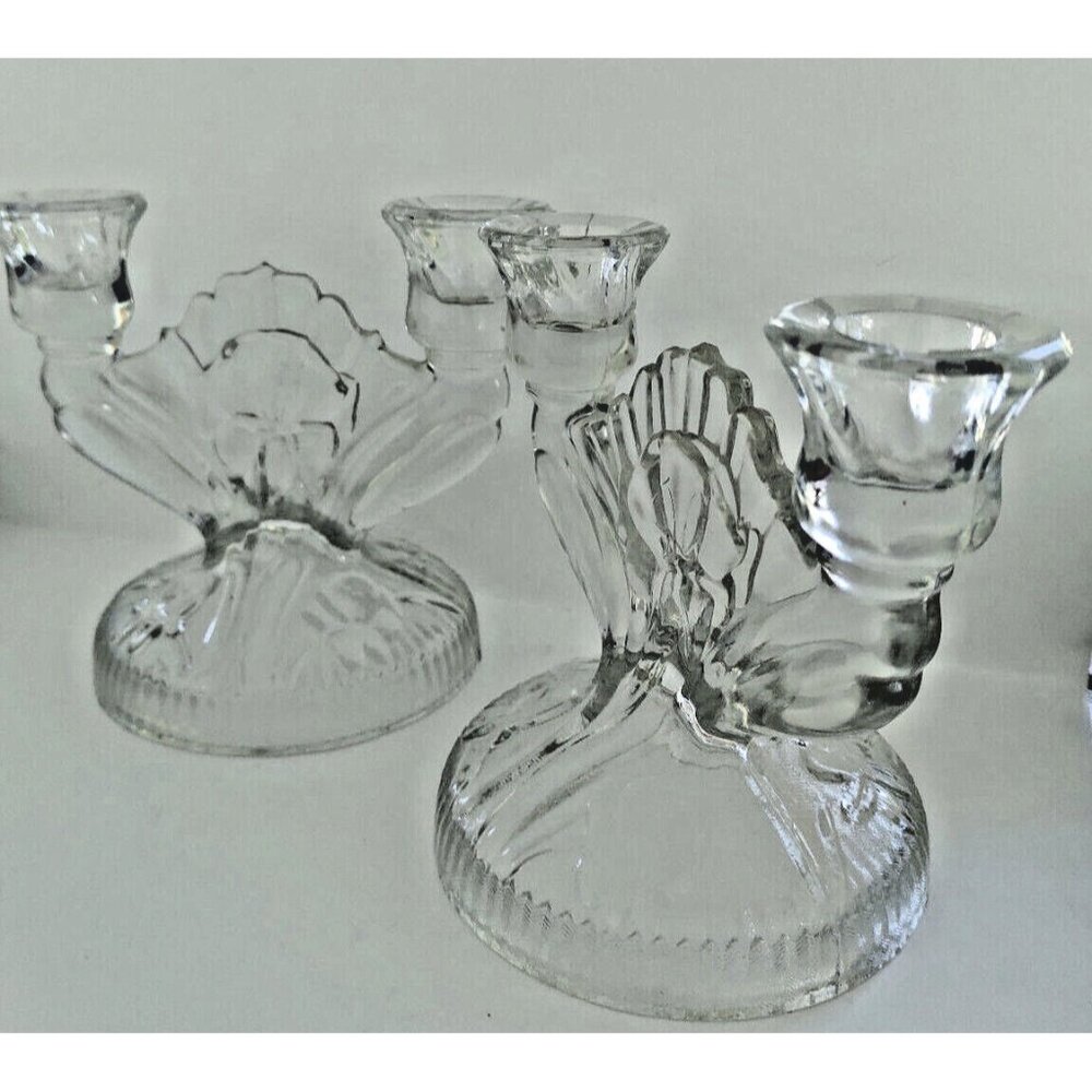Vintage Jeanette Glass Candleholder "Iris & Herringbone" 1930's set of two